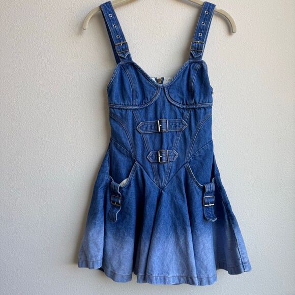 Y2K Denim Mini Dress with Buckle Straps Corset Bodice Grunge Festival Size XS - Picture 1 of 6